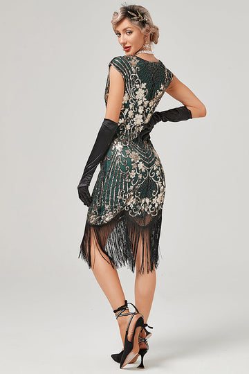 Grön Rund Hals Gyllene Broderi 20 Tals Klänning Med Fransar